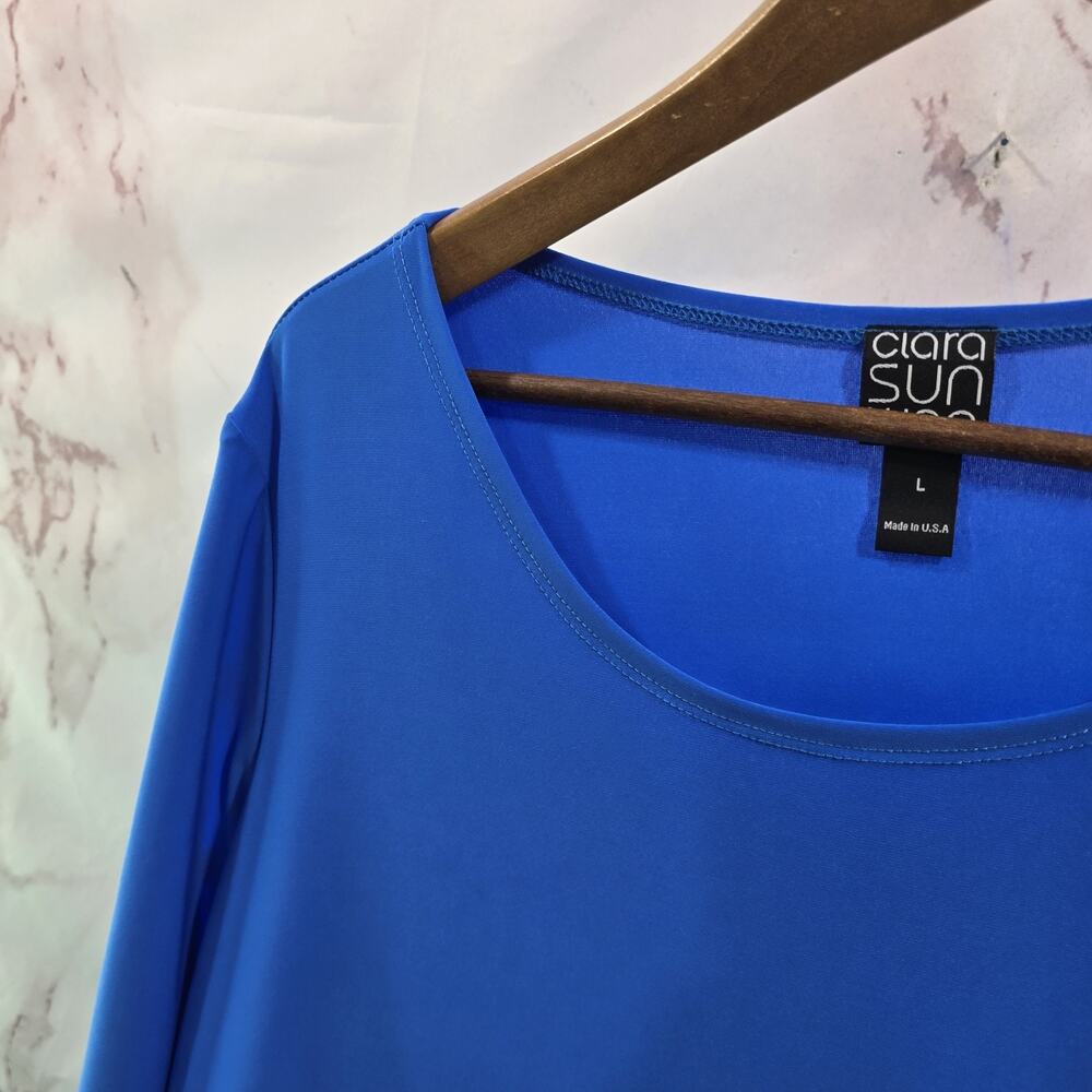 Clara Sun Woo Shirt Womens Large Blue Blouse Cut Out Cobalt Liquid Knit - Picture 2 of 11